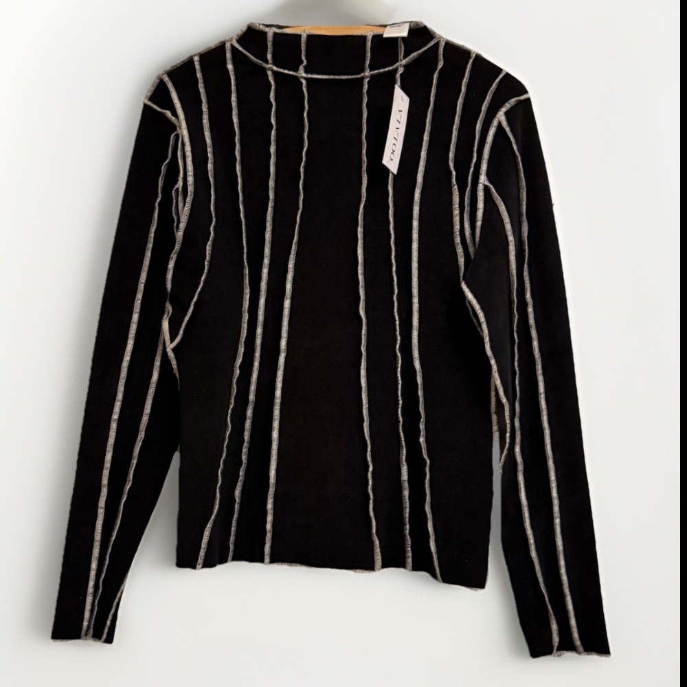 OOLALA Black Contrast Stitch Lettuce-Hem Long Sleeve Top Women’s Large NWT